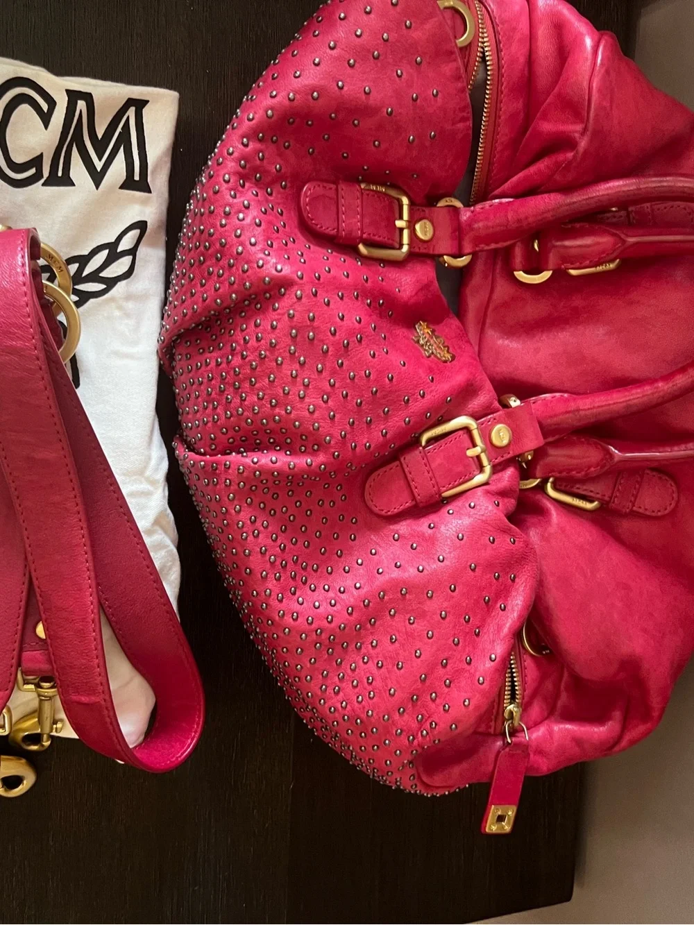 MCM Large Studded Leather Duffle Satchel Bag Fuchsia w Strap & Dust Bag
